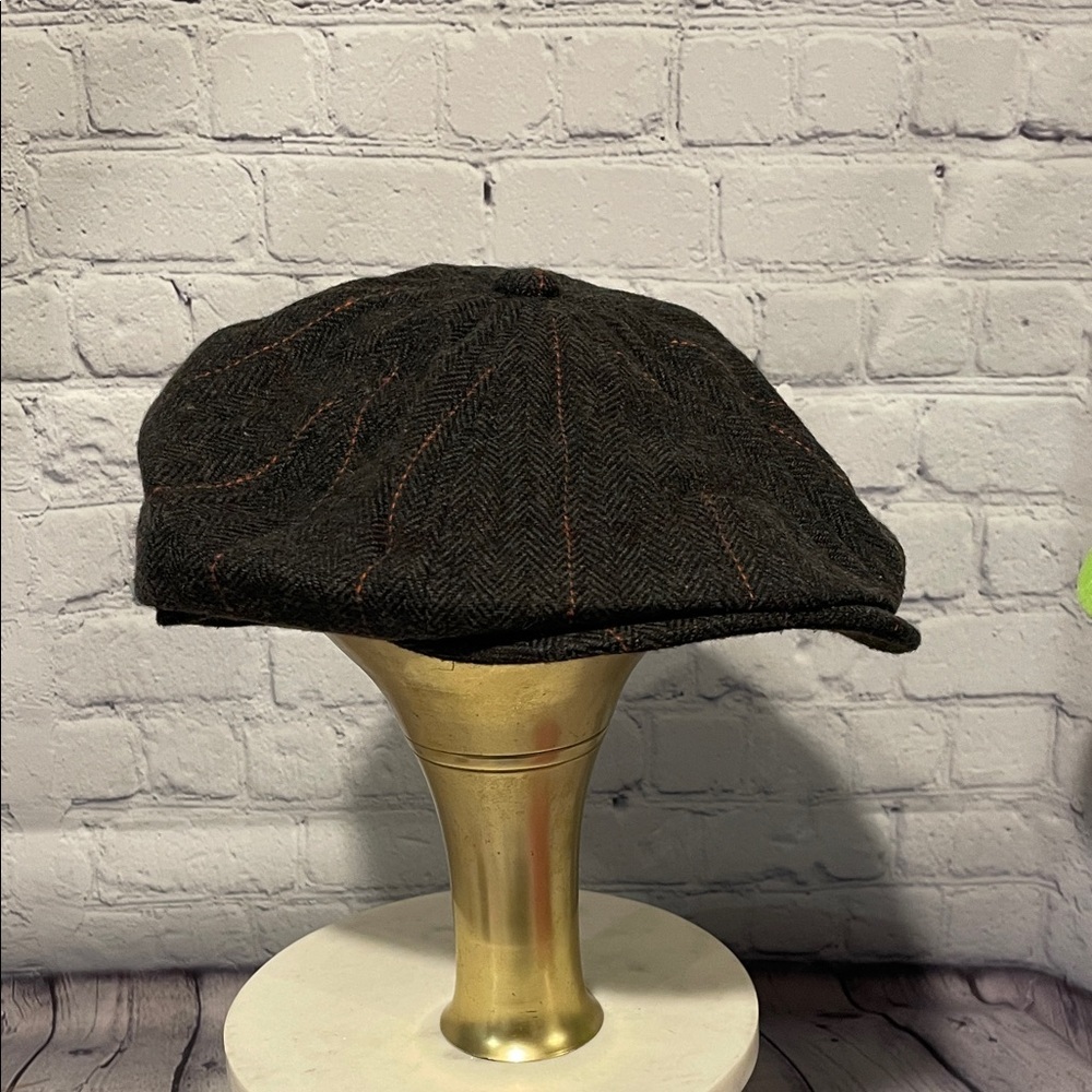 Black Herringbone Flat Cap Size Small